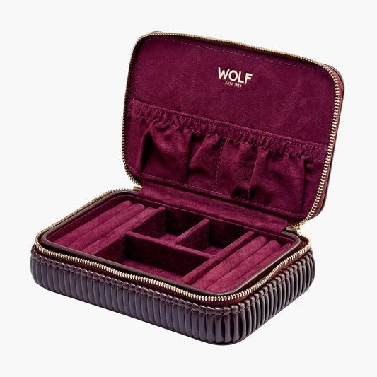 Open jewelry case with compartments and visible 'WOLF' branding on a white background