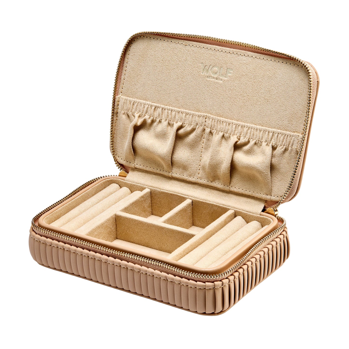 Beige jewelry case with compartments on a white background