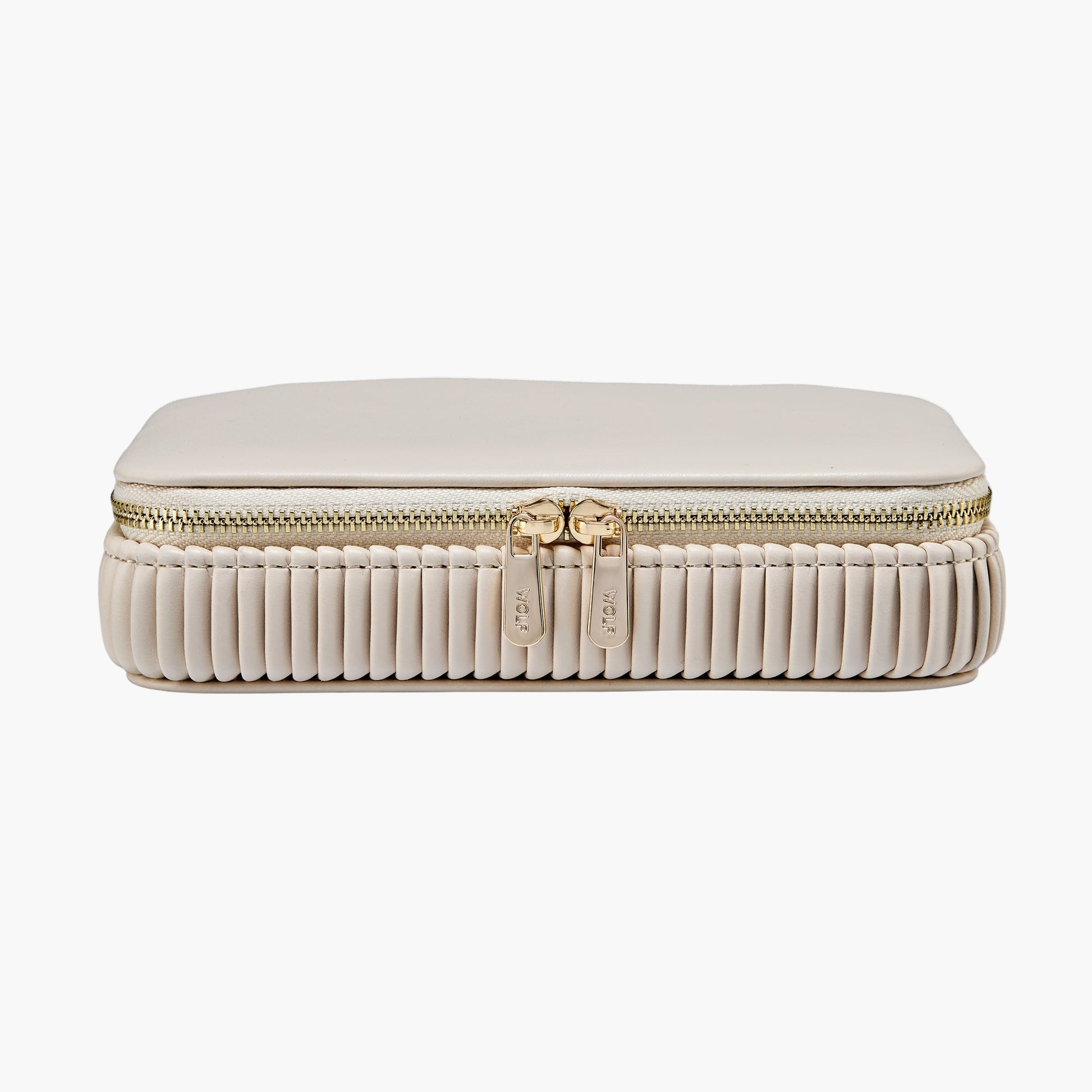 White jewelry box with gold zipper on a white background