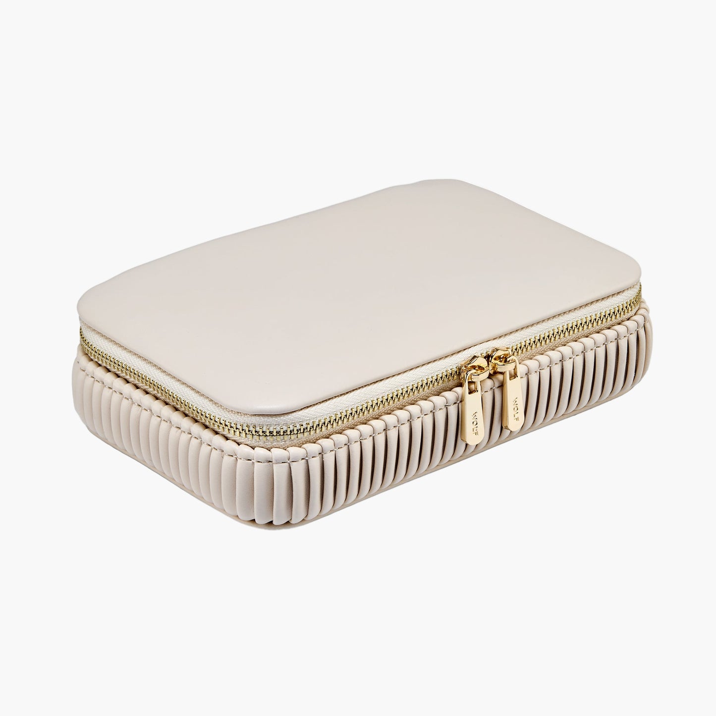 Beige jewelry case with gold zipper on a white background