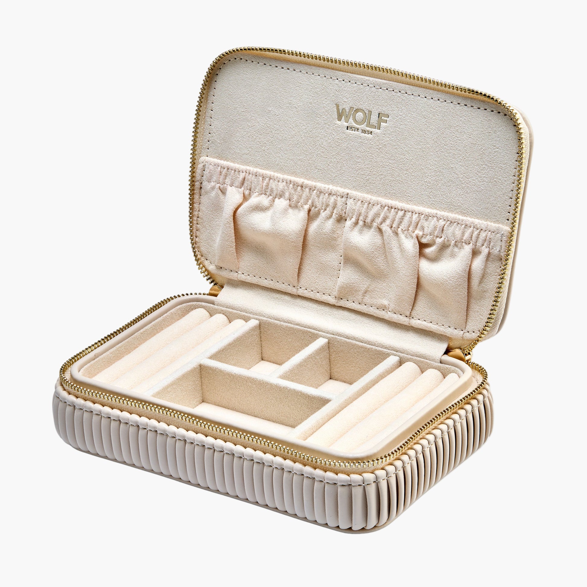 Beige jewelry case with gold zipper and 'WOLF' branding on a white background