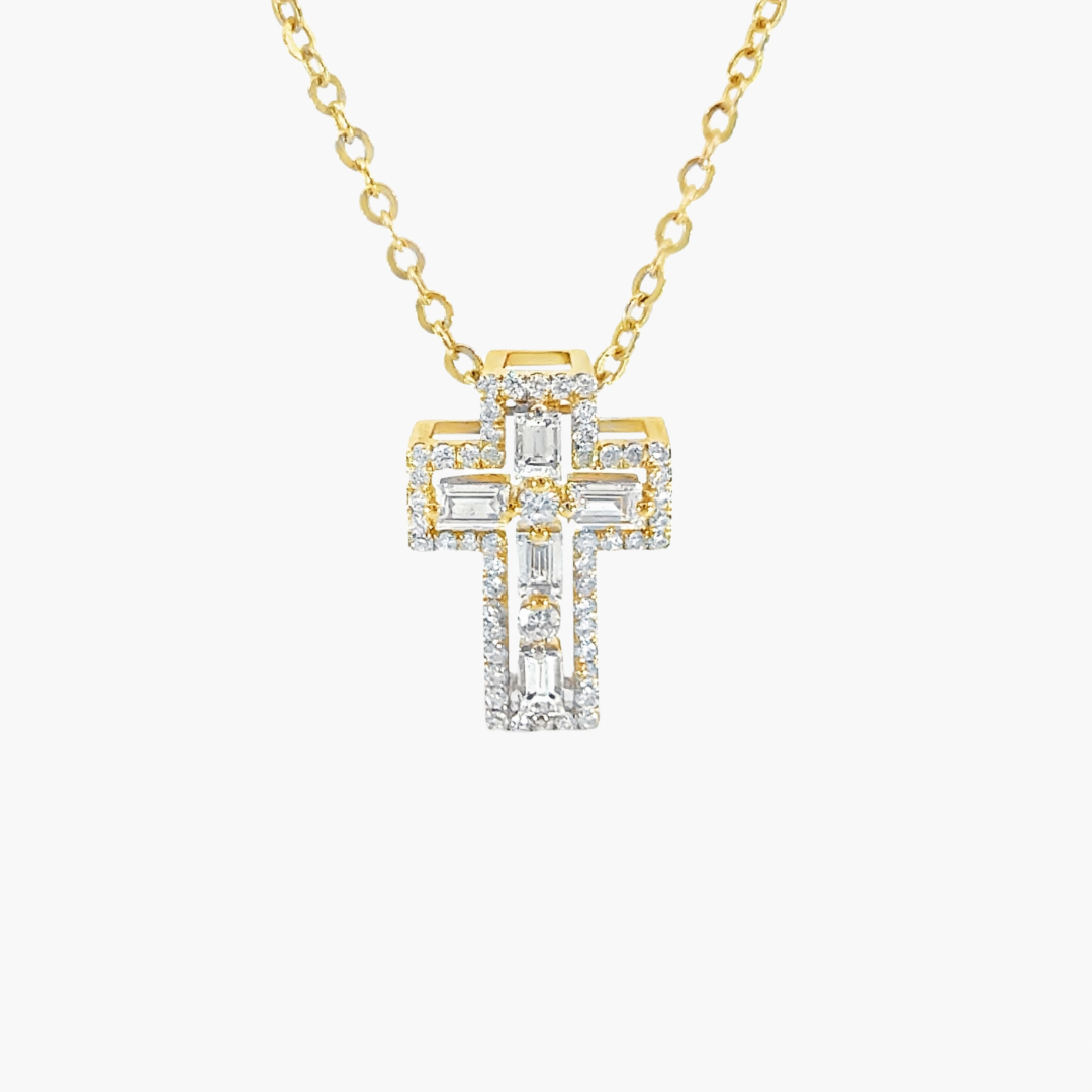 18ct Yellow Gold Diamond Cross Pendant – Baguette & Round Pave 1.14ct