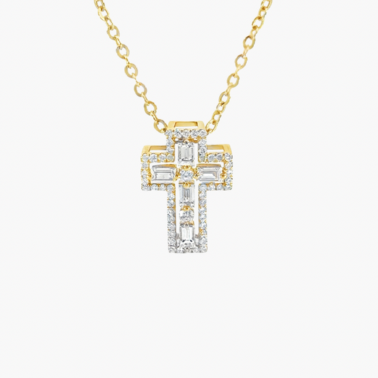 18ct Yellow Gold Diamond Cross Pendant – Baguette & Round Pave 1.14ct