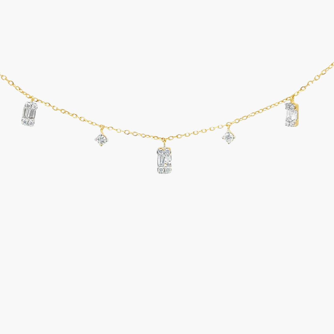 18ct Yellow Gold Diamond Drop Necklace – Baguette & Brilliant Cut, 0.41ct
