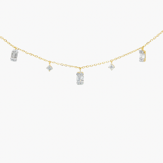 18ct Yellow Gold Diamond Drop Necklace – Baguette & Brilliant Cut, 0.41ct