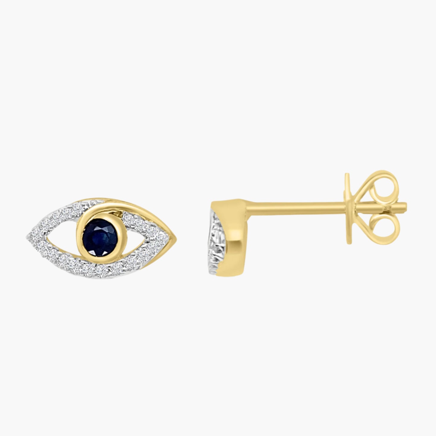 Gold earring with a blue gemstone on a white background