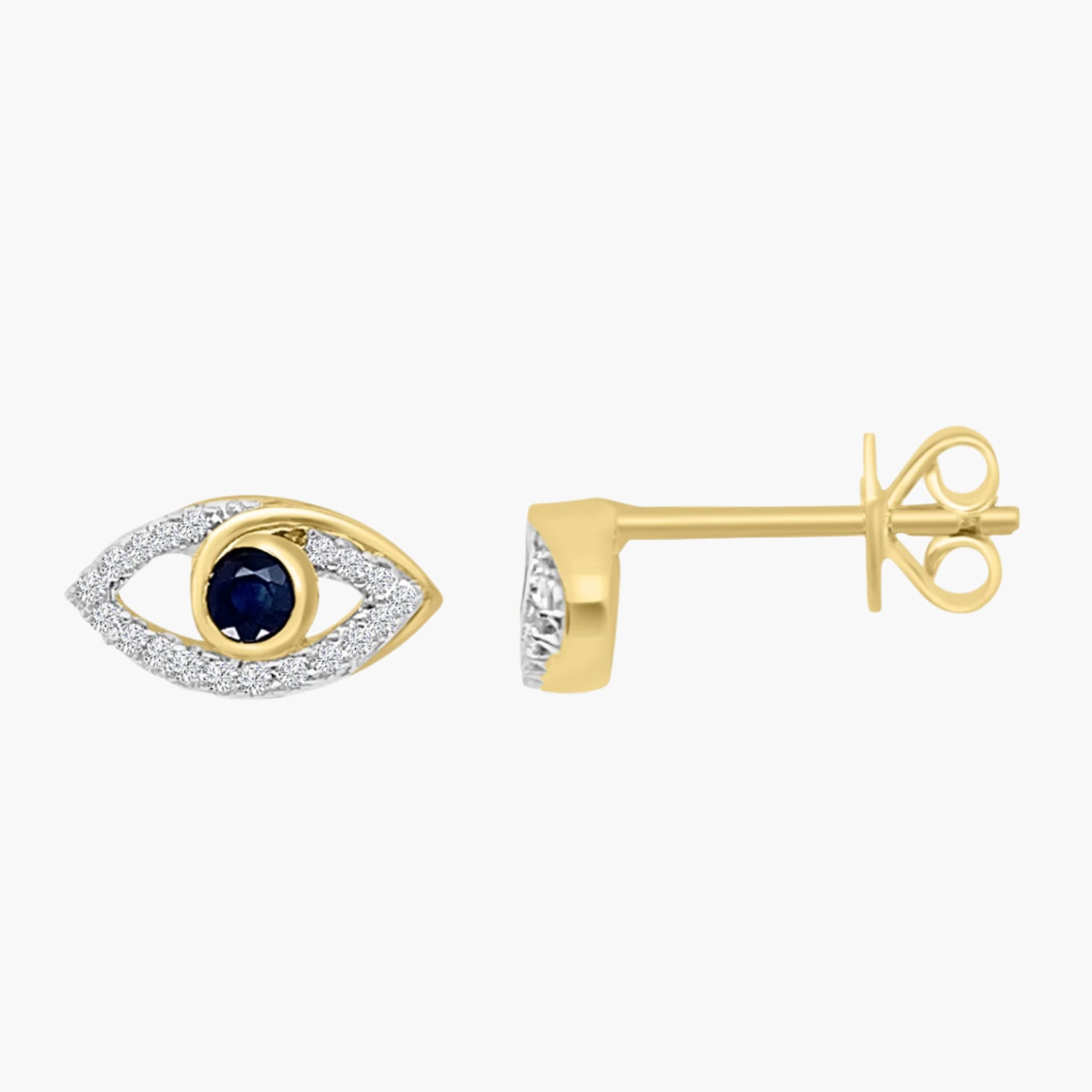 Gold earring with a blue gemstone on a white background