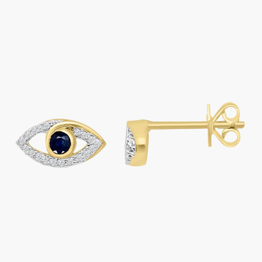 Gold earring with a blue gemstone on a white background