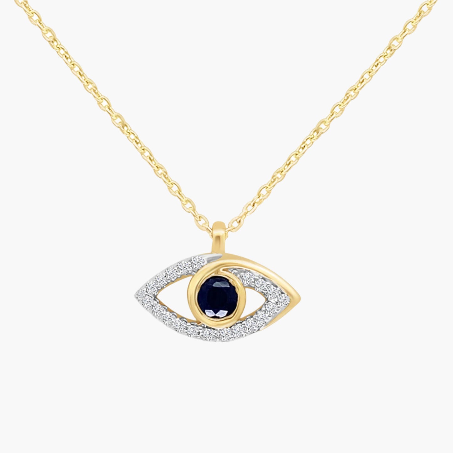 Gold necklace with an eye-shaped pendant featuring a blue gemstone on a white background