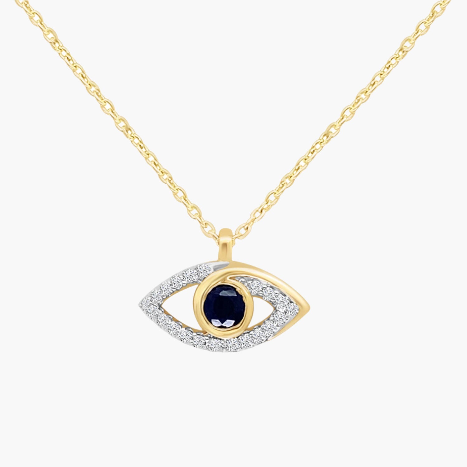 Gold necklace with an eye-shaped pendant featuring a blue gemstone on a white background