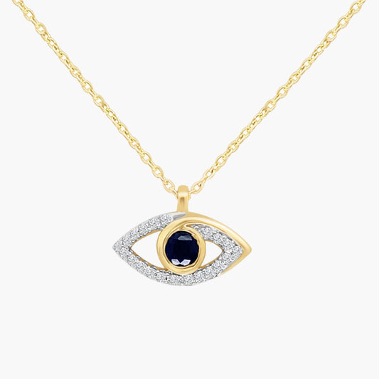 Gold necklace with an eye-shaped pendant featuring a blue gemstone on a white background