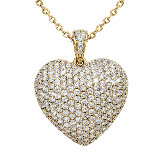 A yellow gold heart-shaped pendant necklace paved with small clear gemstones, suspended from a matching gold chain against a clean white background.