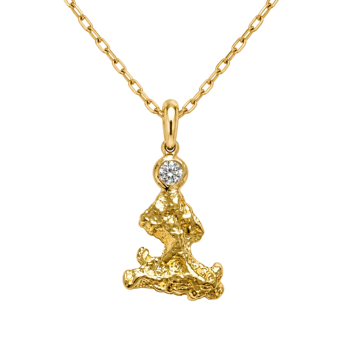 A yellow gold necklace featuring a textured, organic-shaped pendant with a small round clear gemstone at the top, suspended from a delicate gold chain against a white background.