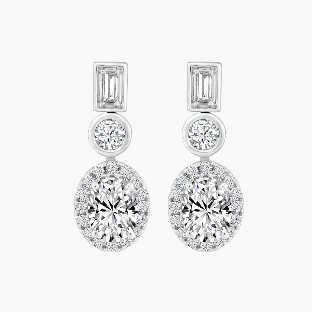 Amelia | Oval Halo, Round Bezel & Emerald Bezel Diamond Stud Earrings in 18ct White Gold