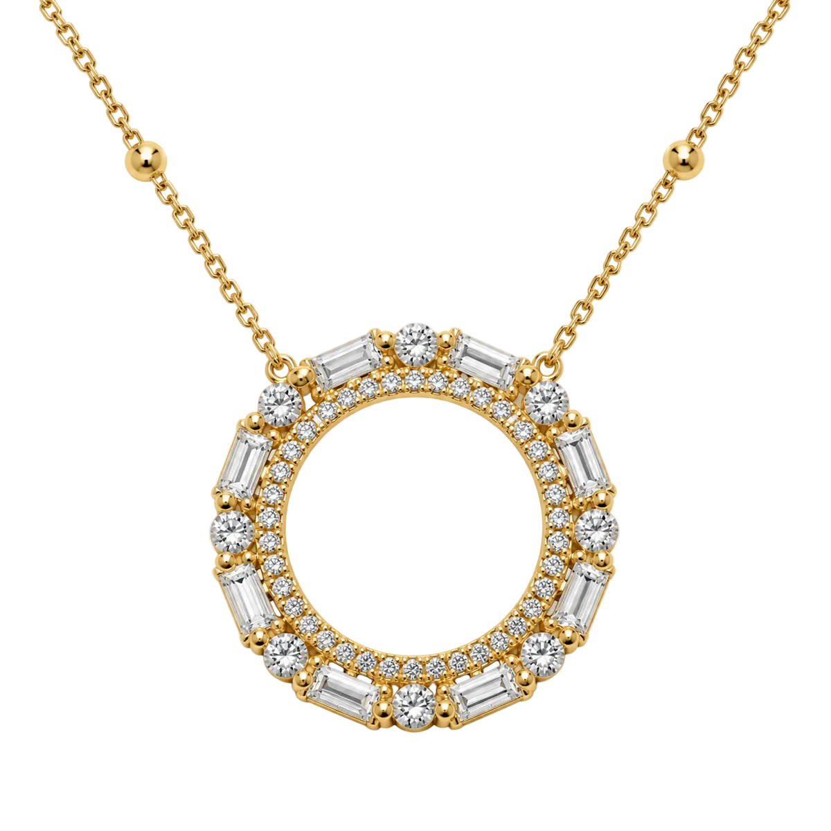 A gold pendant necklace featuring a circular ring paved with small round and baguette-cut clear gemstones, suspended from a delicate gold chain on a white background.