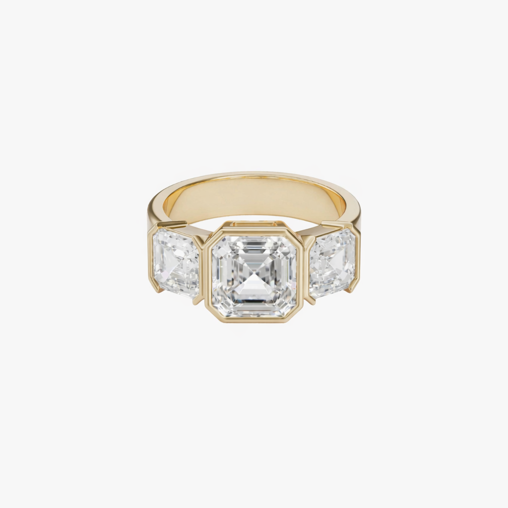 Gold ring with a large diamond and smaller diamonds on a white background