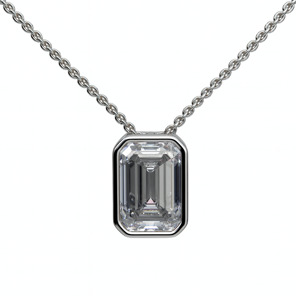 Diamond necklace with emerald-cut pendant on a white background