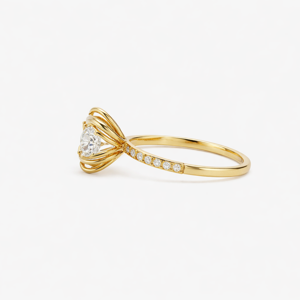 Gold ring with a diamond on a white background