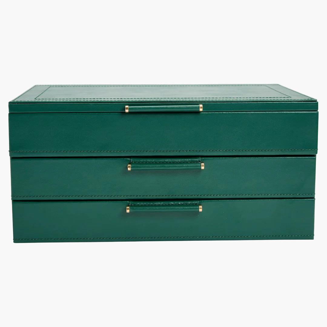 Green jewelry box with gold accents on a white background