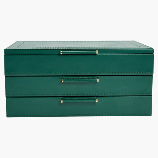 Green jewelry box with gold accents on a white background