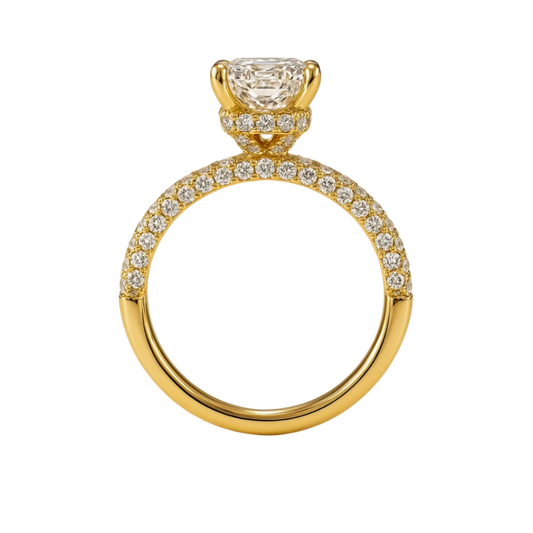 Radiant cut diamond engagement ring in 18ct yellow gold with pavé shoulders and hidden halo