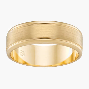Gold ring with a visible brand logo on a white background