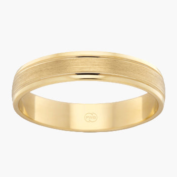 Gold ring with a brushed finish on a white background
