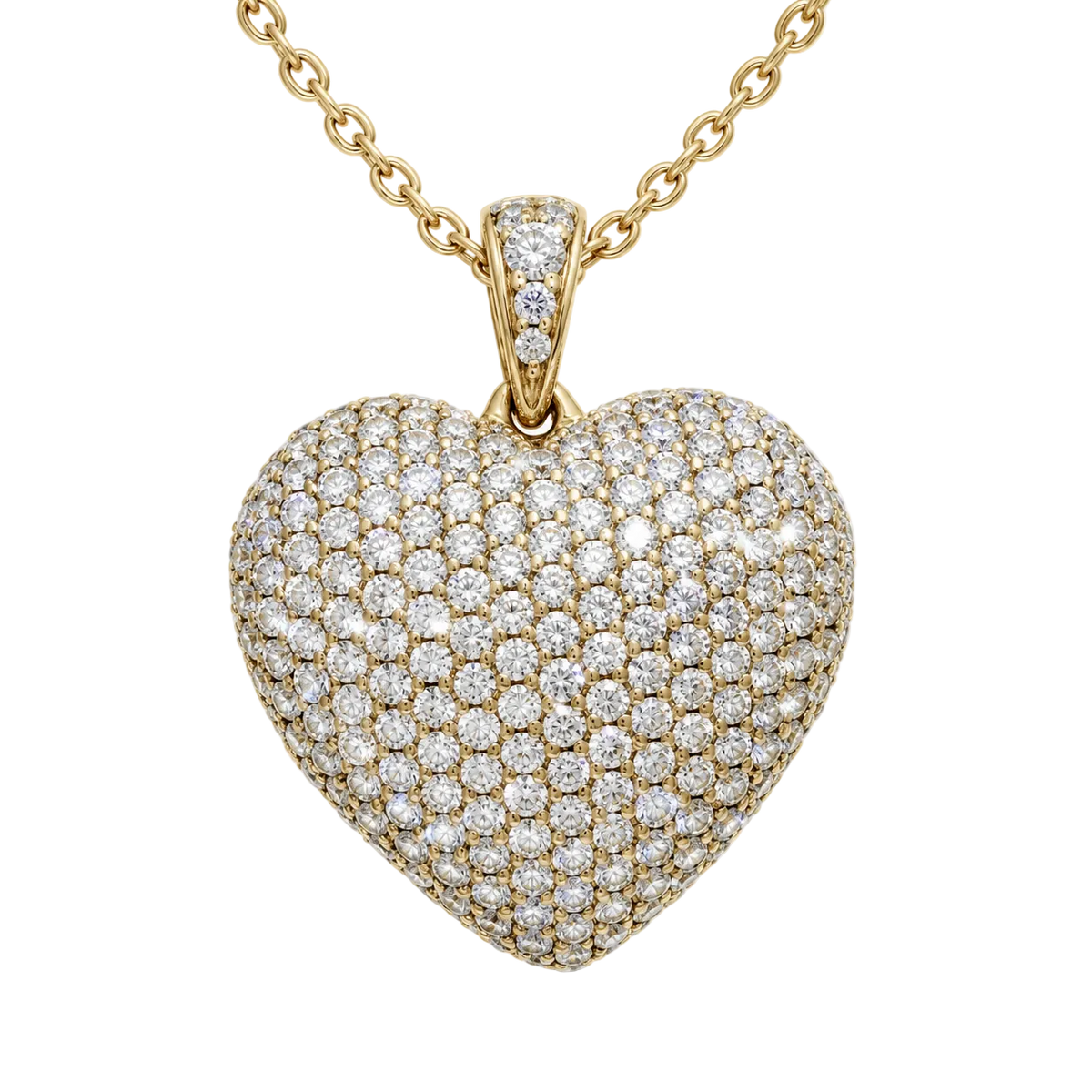A yellow gold heart-shaped pendant necklace paved with small clear gemstones, suspended from a matching gold chain against a clean white background.