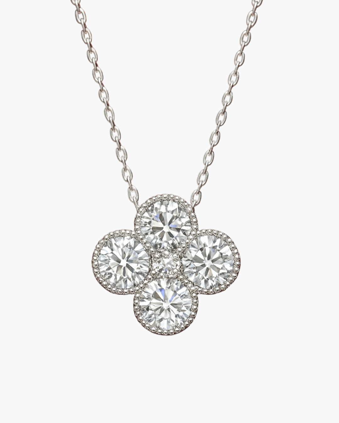 Diamond necklace with a four-circle design on a white background