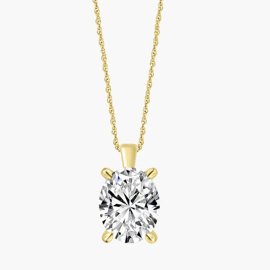 Gold necklace with a clear gemstone pendant on a white background