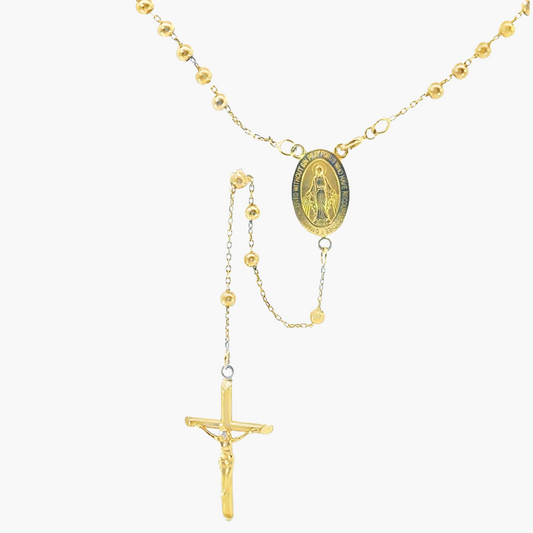 9ct Yellow Gold Rosary Bead Necklace with Traditional Miraculous Medal – Polished Beads