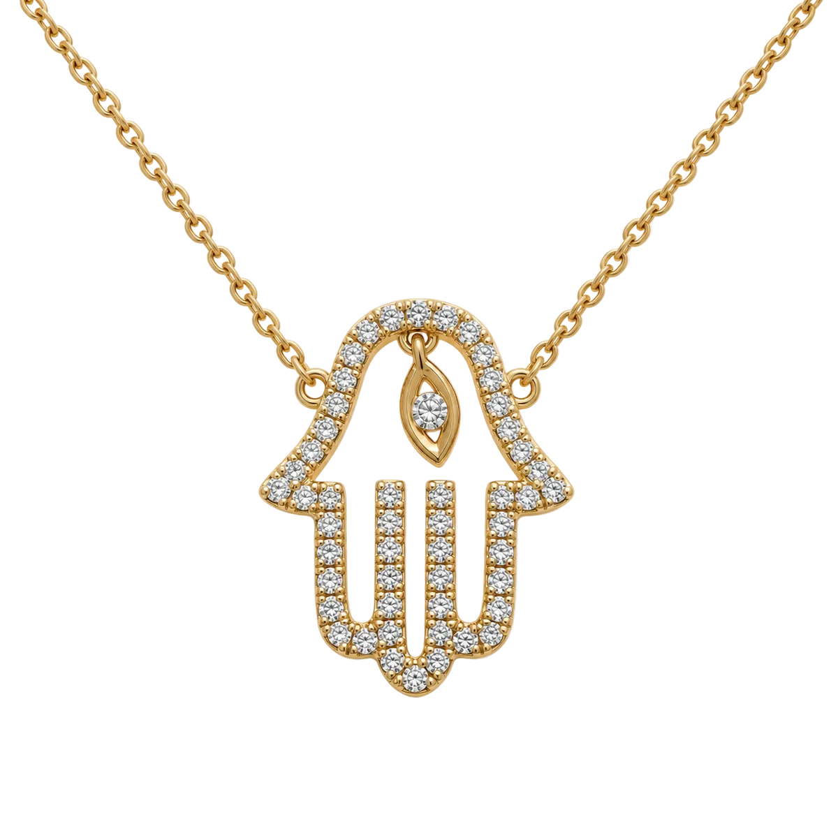 A gold Hamsa hand pendant necklace adorned with small clear stones, suspended from a matching gold chain on a plain white background.