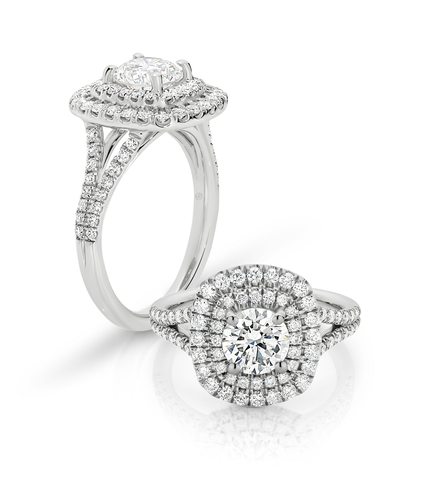 Elise | Claw-Set Double Halo Engagement Ring with Split Shoulders & Elevated Centre Stone t