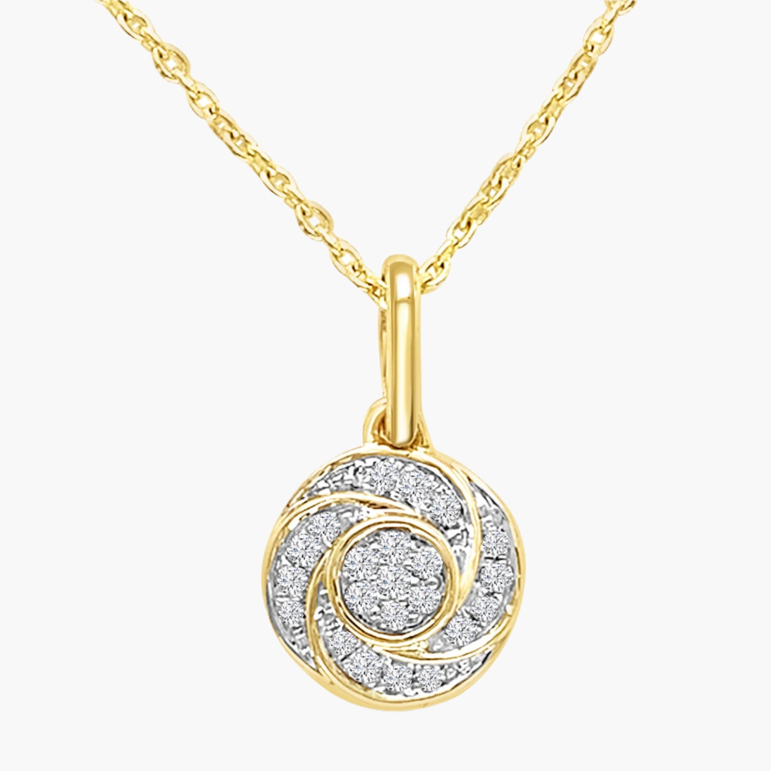 Gold necklace with a circular pendant on a white background