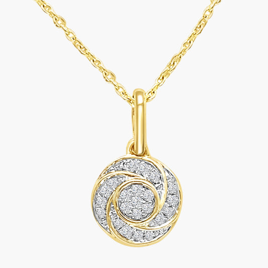 Gold necklace with a circular pendant on a white background
