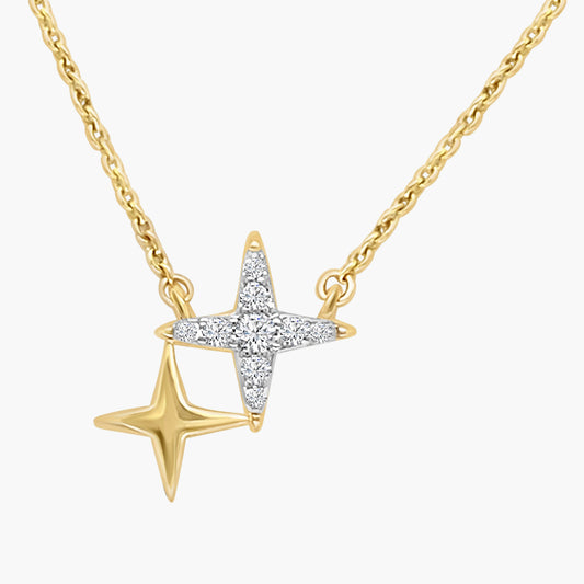 Gold necklace with star-shaped pendants on a white background