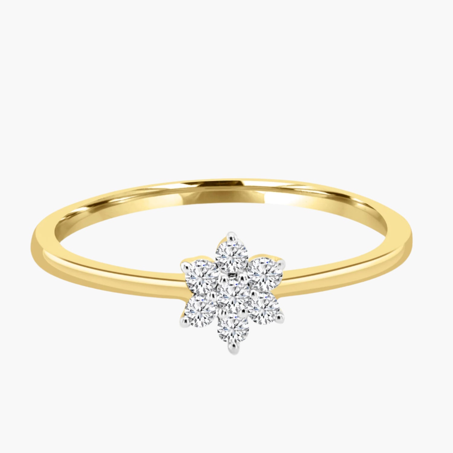 Gold ring with a diamond flower-shaped clasp on a white background