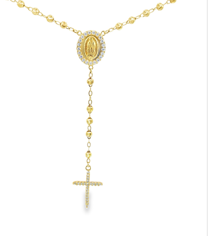 Beaded Rosary Necklace with Religious Pendants | 9ct Yellow Gold Diamond-Cut