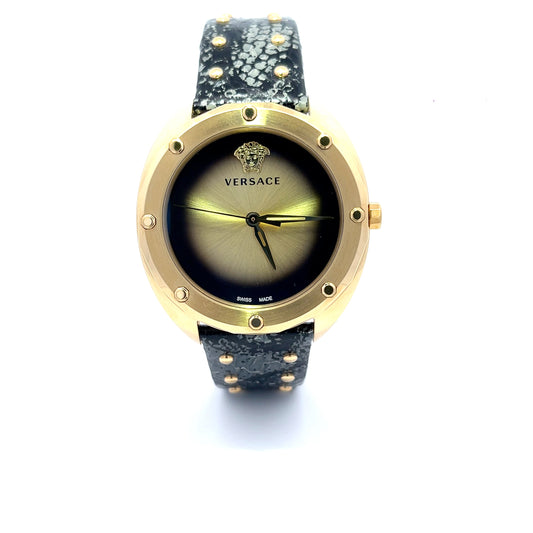 Versace Shadov Watch – Black Leather; Gold Stainless Steel 38mm Model: VEBM00318