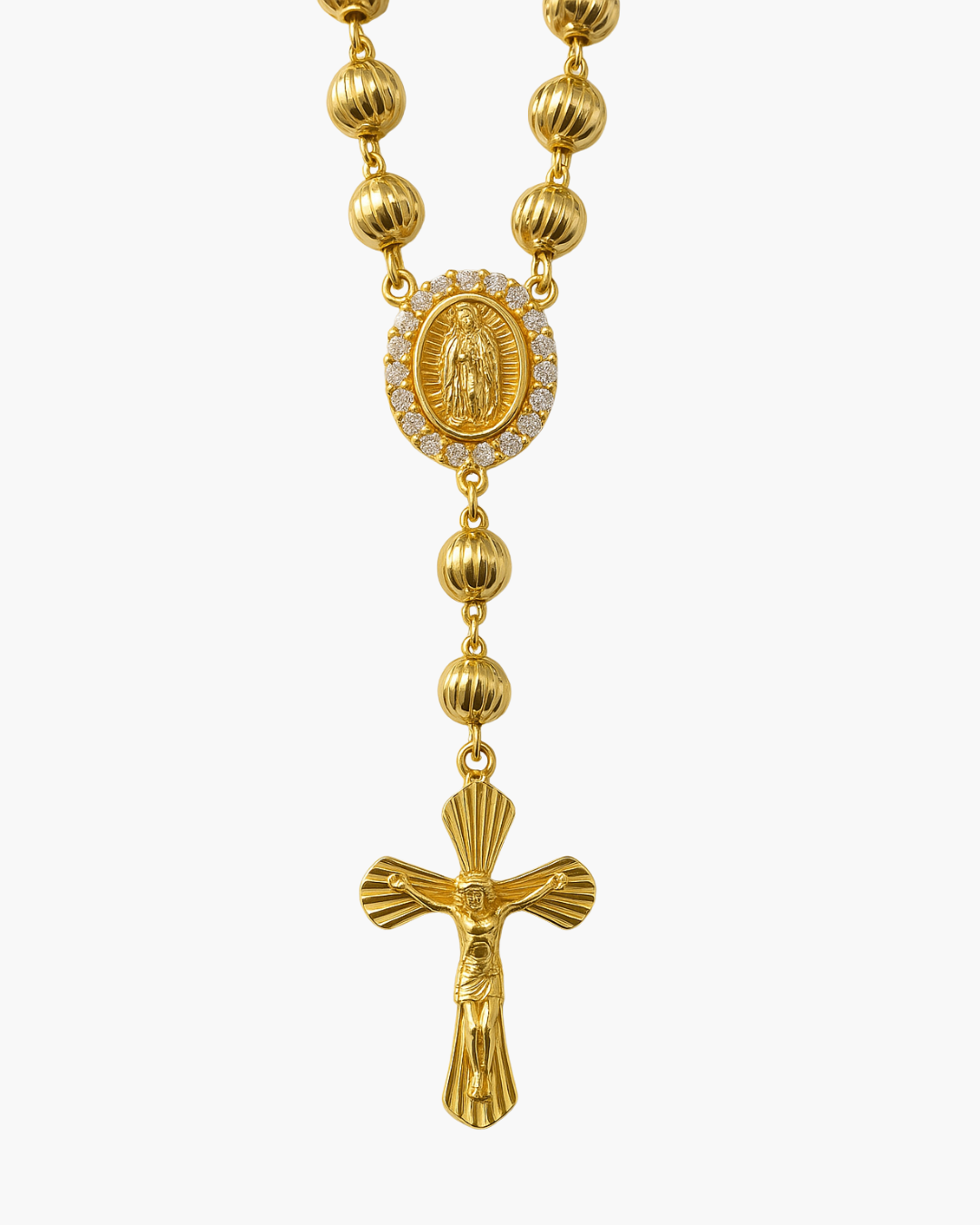 Gold rosary with a cross and central pendant on a white background