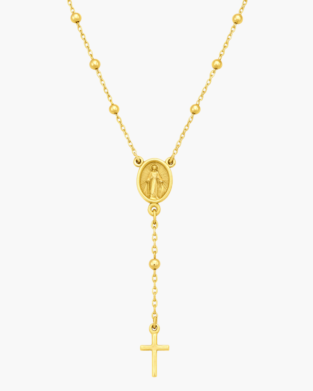 9ct Yellow Gold Rosary Necklace with Polished Beads, Miraculous Medal & Cross