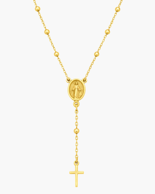 9ct Yellow Gold Rosary Necklace with Polished Beads, Miraculous Medal & Cross