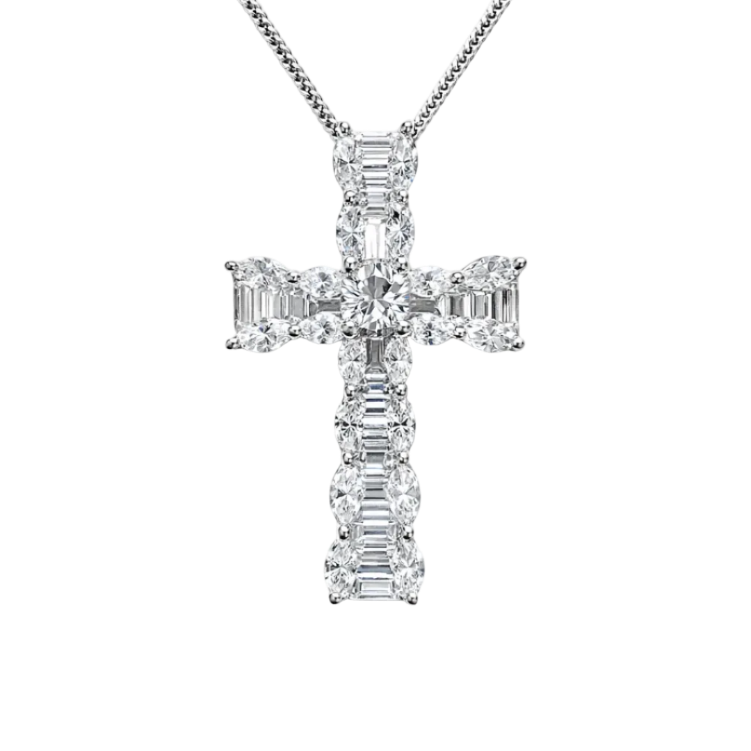 Diamond cross pendant on a white background