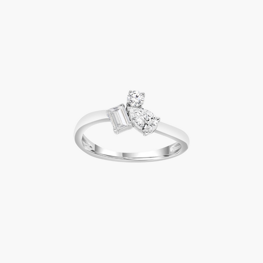 Three Stone Diamond Ring in 18ct White Gold | Pear, Emerald & Round Cut
