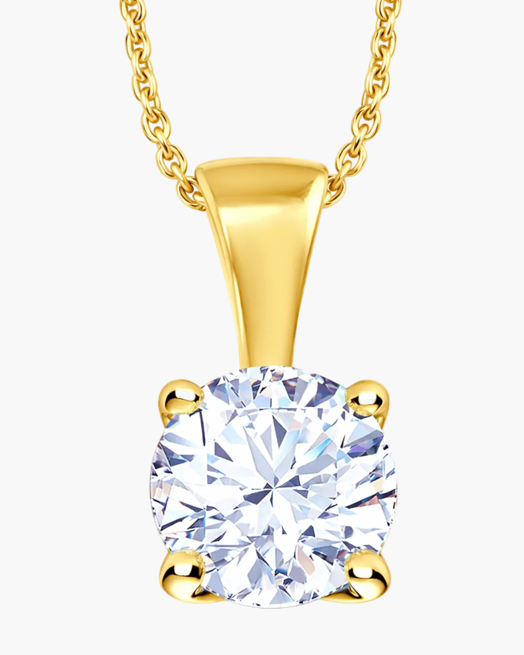 Gold pendant with a large round diamond gemstone on a white background