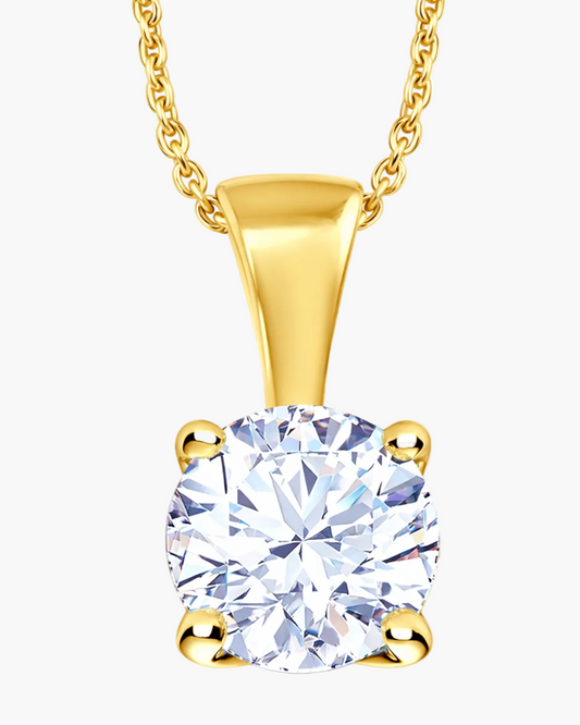 Gold pendant with a large round diamond gemstone on a white background