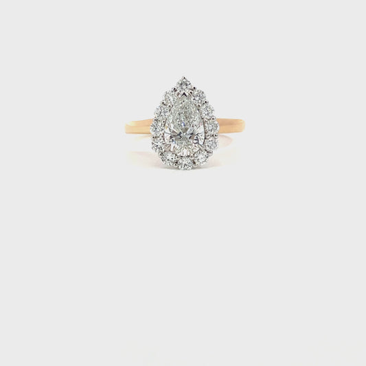 Tiana | 18ct Two Tone Pear Cut Lab Grown Diamond Engagement Ring with Claw-Set Natural Diamond Halo & Rose Gold Cathedral Shoulders