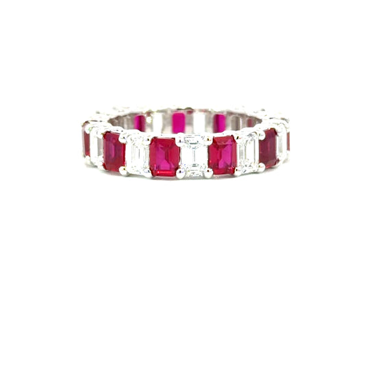 18ct White Gold Ruby & Diamond Emerald-Cut Eternity Band