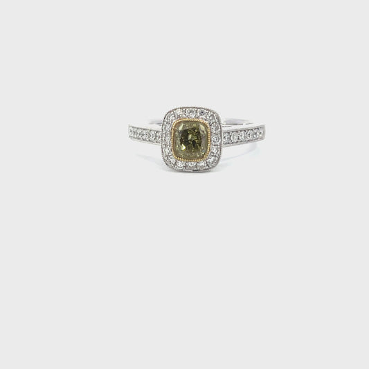Aleks | 18c White Gold & Yellow Gold Bezel-Set Fancy Yellow Cushion Cut Diamond Engagement Ring