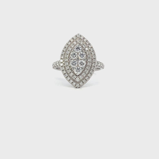 Gael | 18ct White Gold Brilliant Cut Diamond Engagement Ring with Double Marquise-Shaped Halo & Diamond Set Shoulders